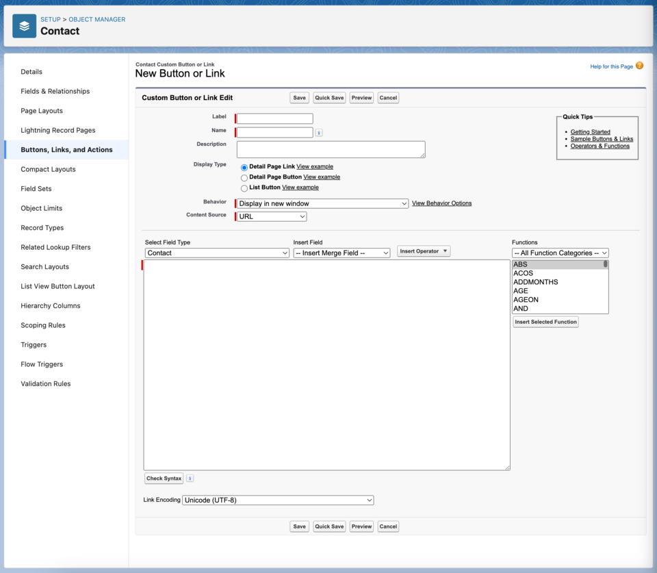 Salesforce new button or link page