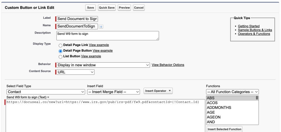 Salesforce Send Document to Sign button settings