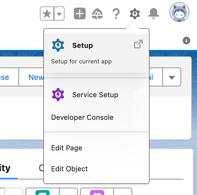 Salesforce top right settings dropdown