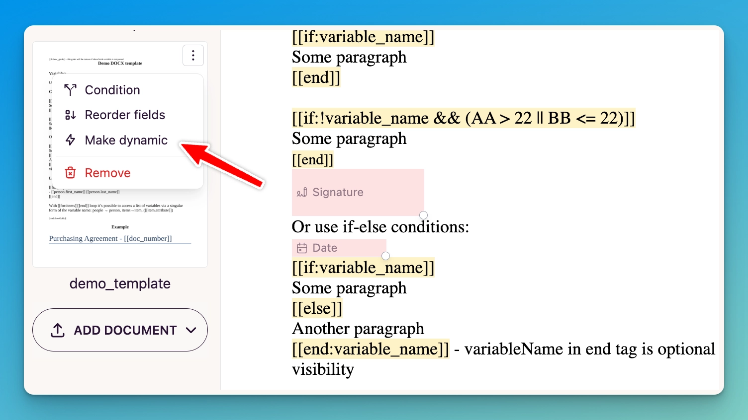 Dynamic Template Documents Support