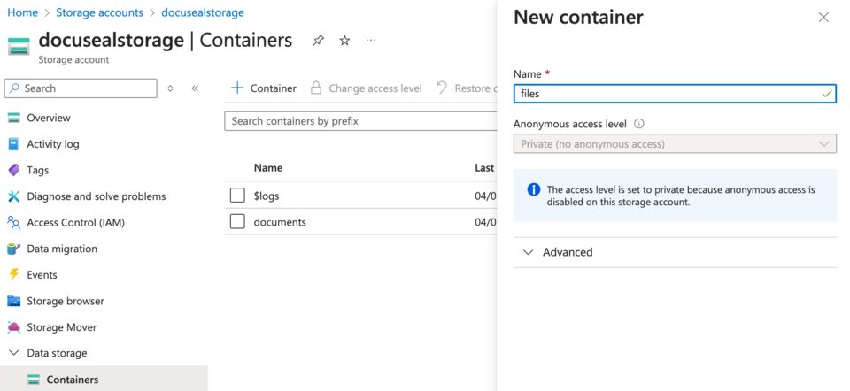 Azure storage account new container