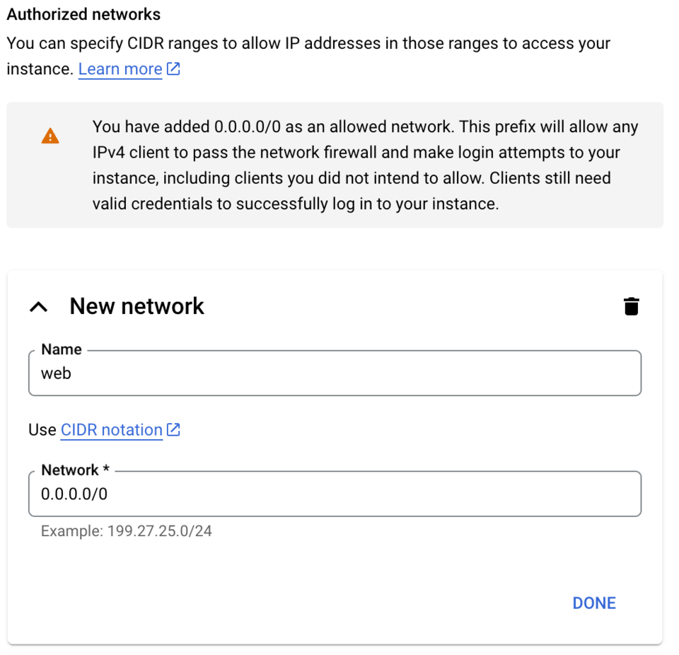 Add authorized network for PostgreSQL instance on Google Cloud Platform