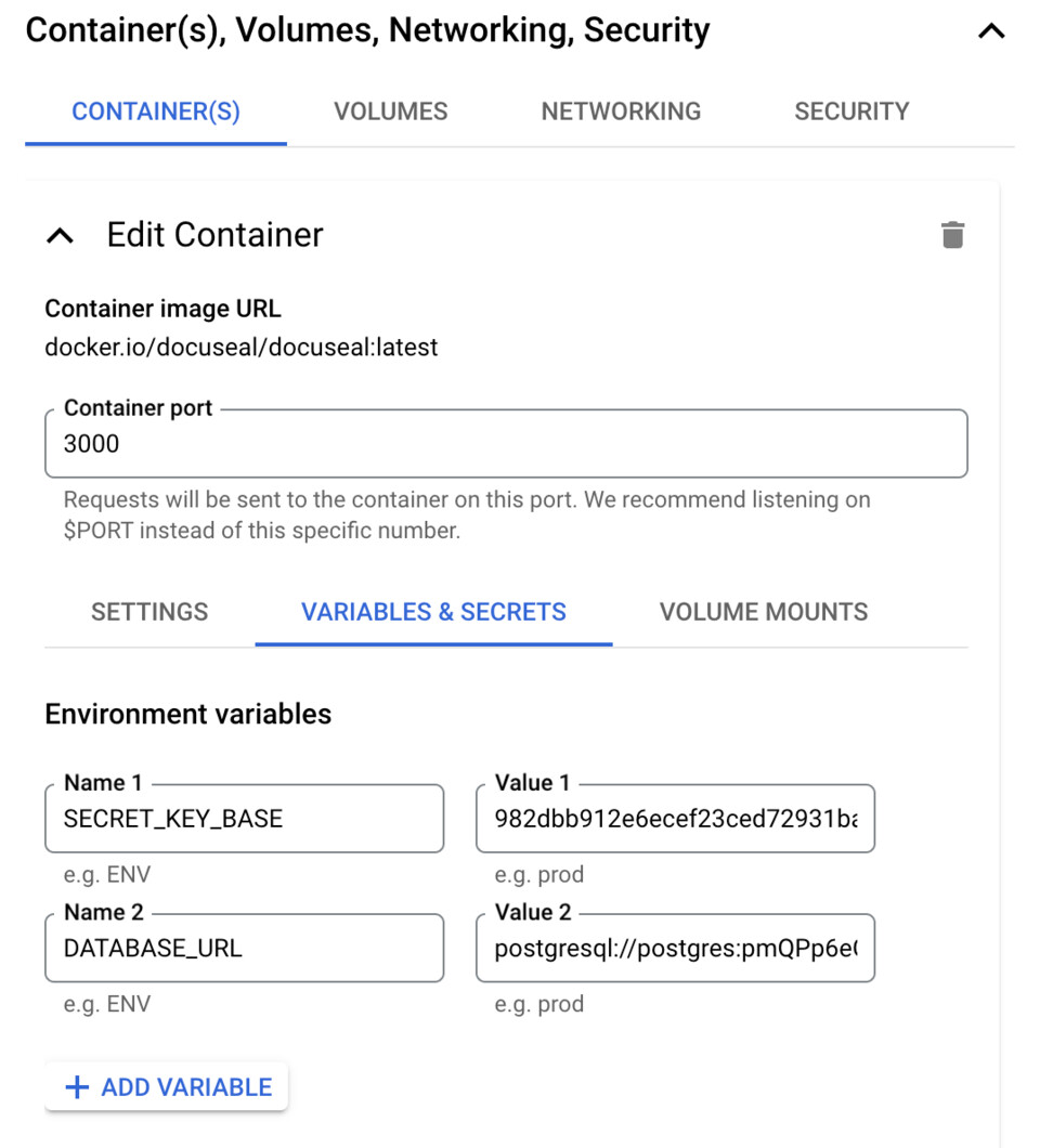Configure container settings for Cloud Run service on Google Cloud Platform