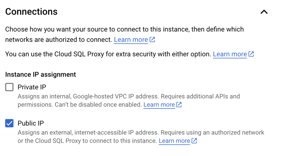 Select connection type for PostgreSQL instance on Google Cloud Platform