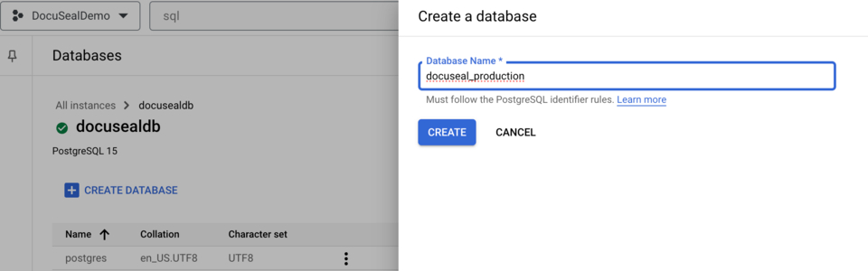 Create a database for PostgreSQL instance on Google Cloud Platform