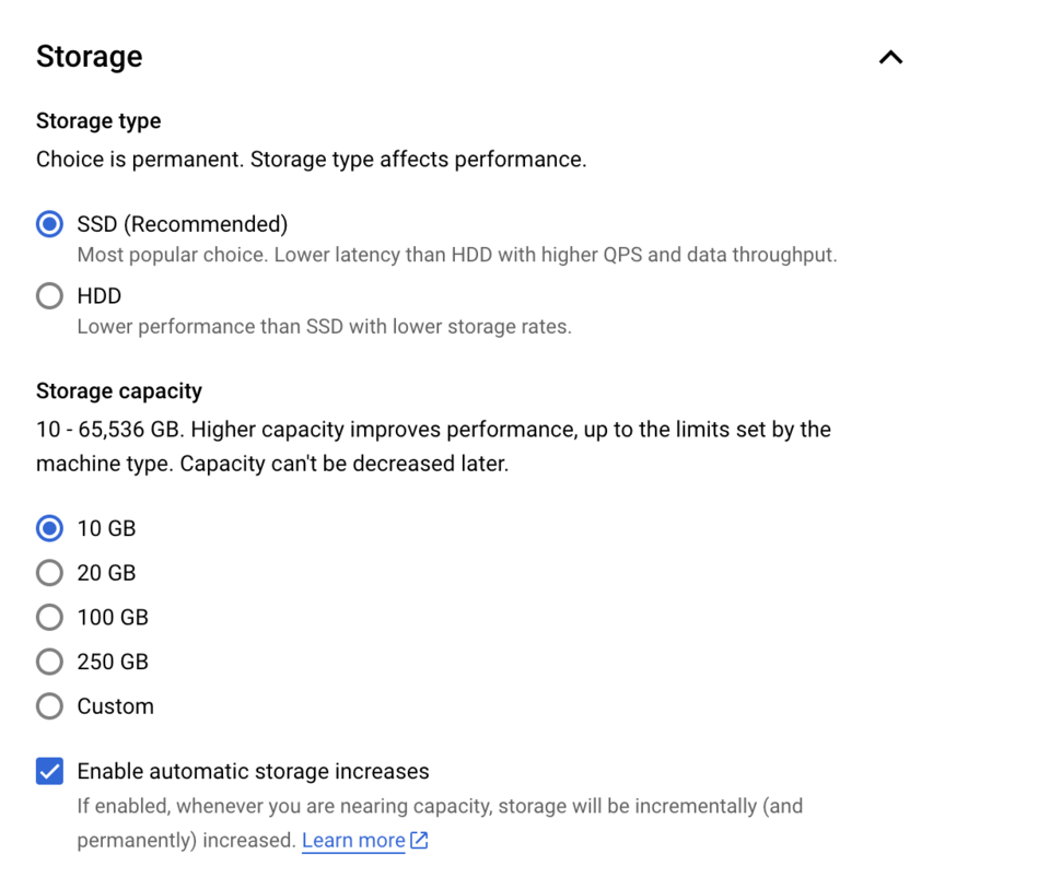 Select storage size for PostgreSQL instance on Google Cloud Platform