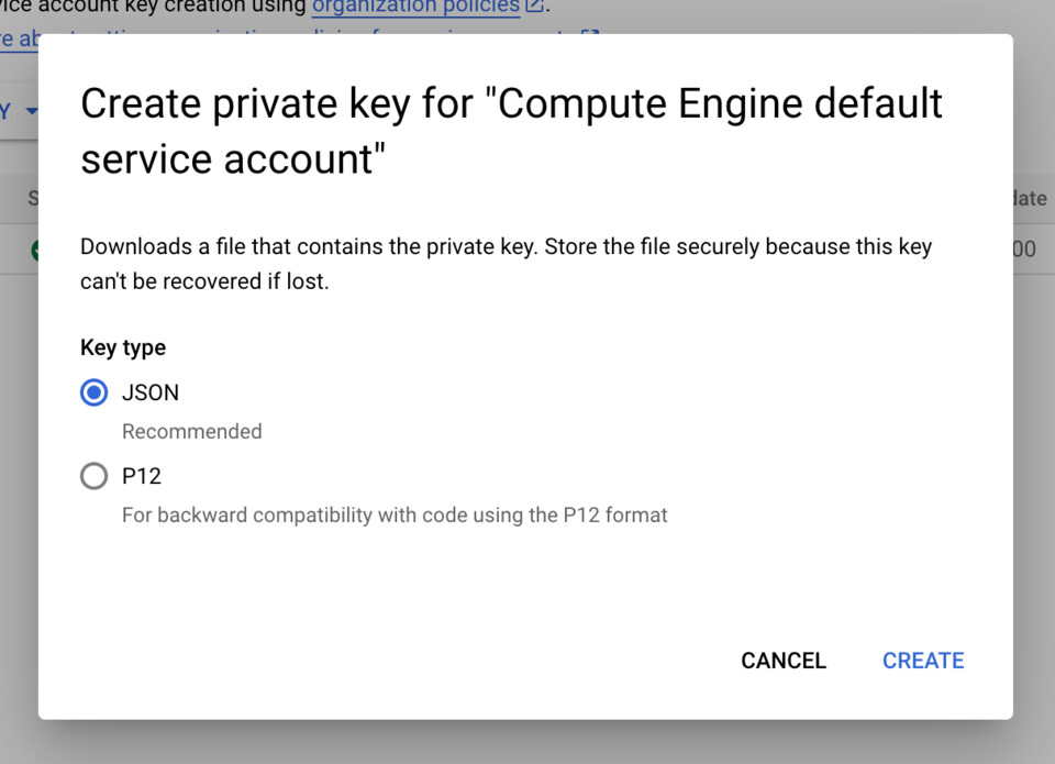 Create an access key for Google Cloud Storage on Google Cloud Platform