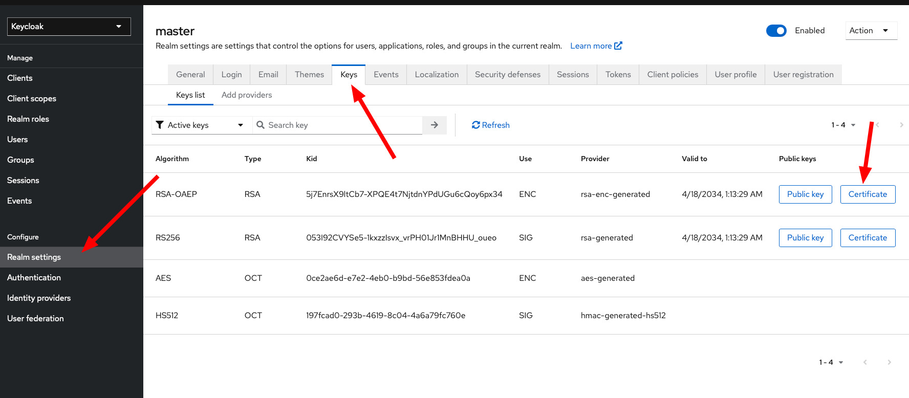 Retrieve and configure the certificate in Keycloak