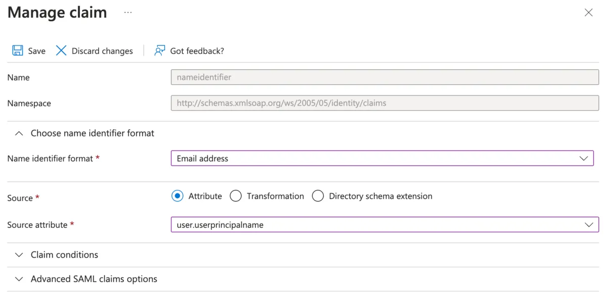 Microsoft Entra ID Manage Name ID Format