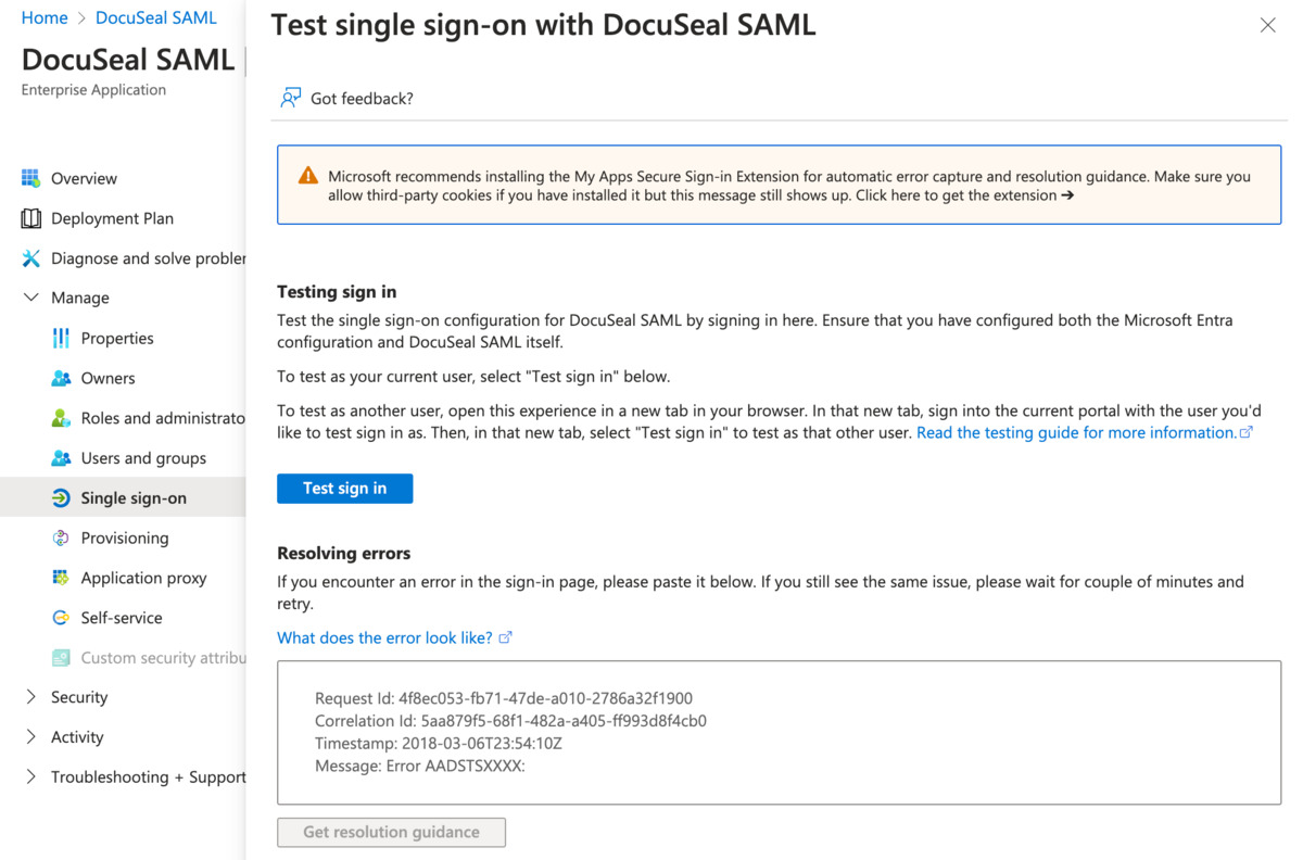 Microsoft Entra ID Test Single Sign-On