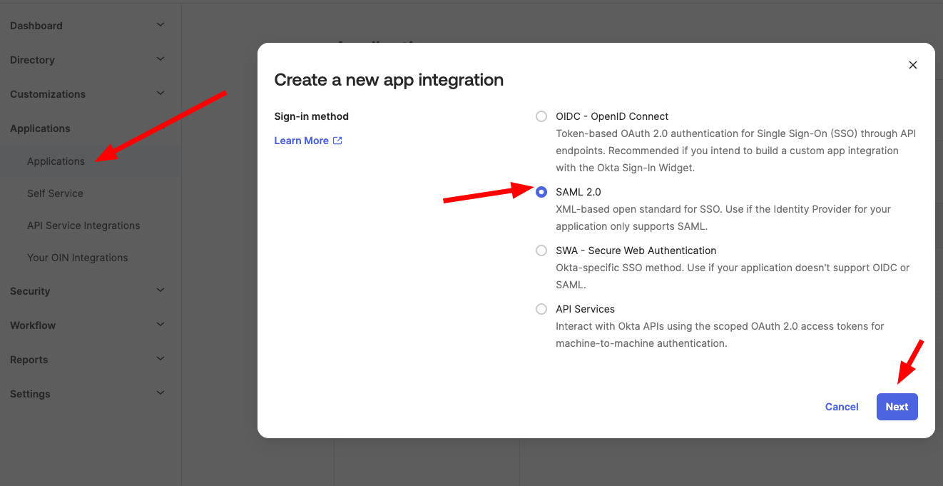 Create a new SAML app in Okta