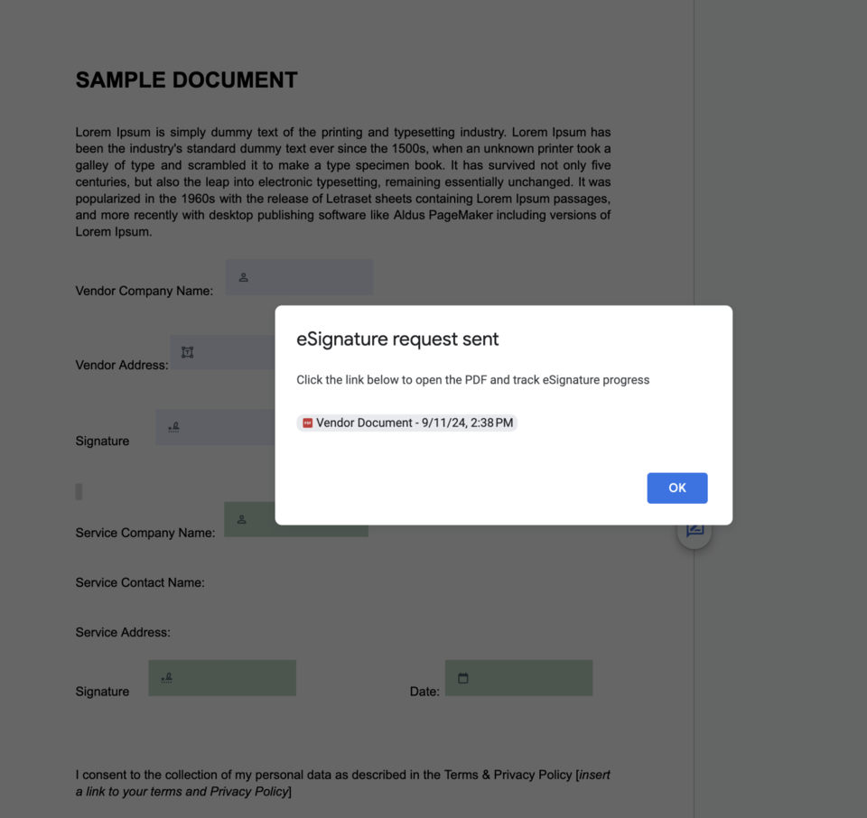 Google Docs Confirm eSignature Request