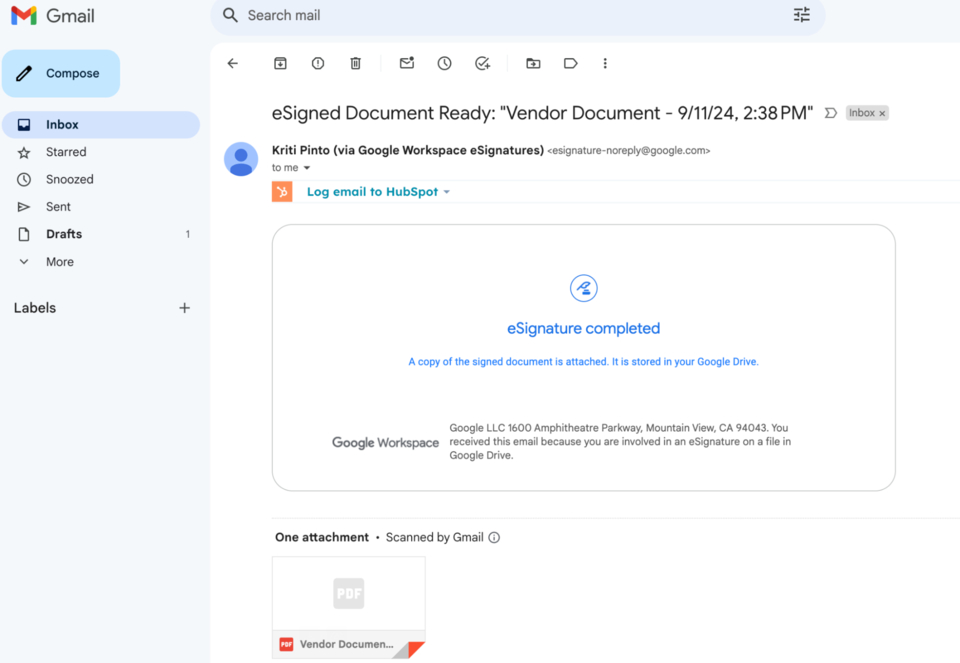 Google Docs eSignature Complete Email
