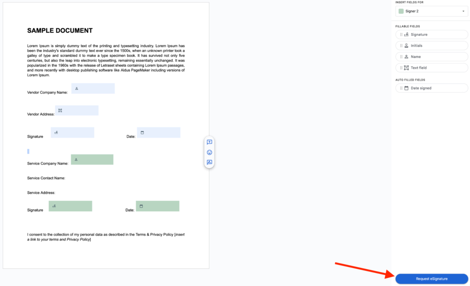 Google Docs Request eSignature Button