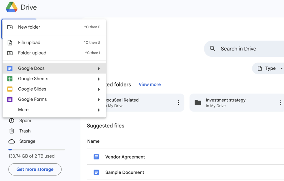 Google Drive Docs section