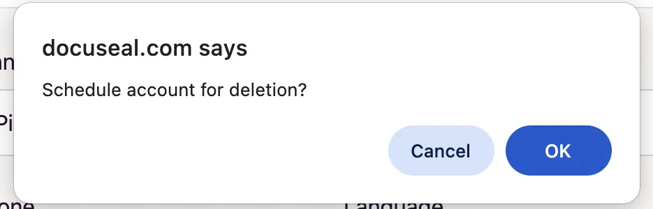 Delete account confirmation dialog