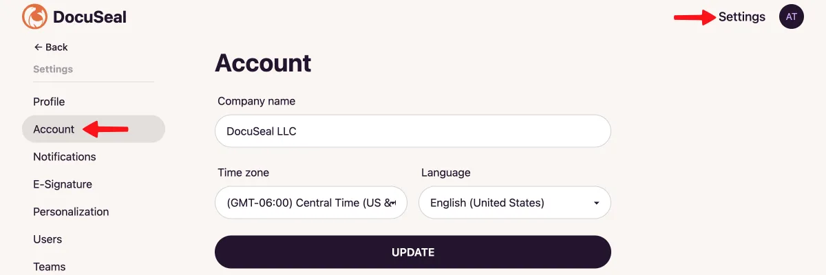 Account settings menu tab