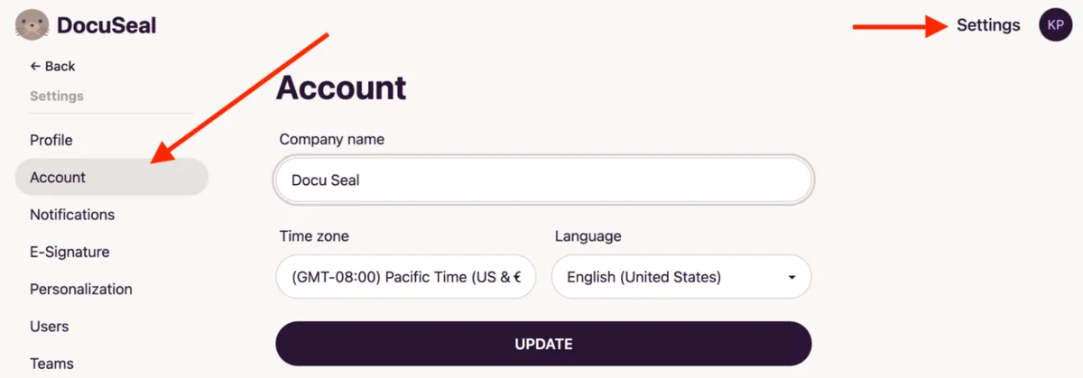 Account settings menu tab