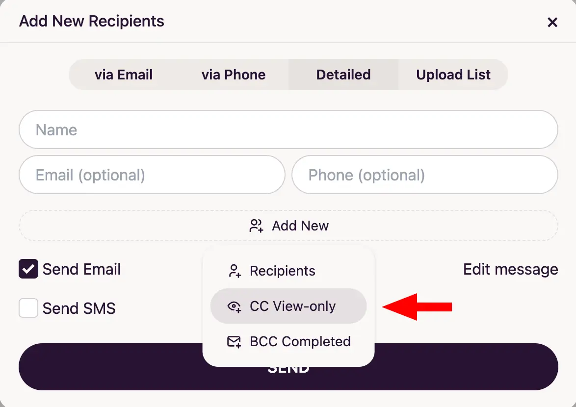CC View-only option in the Add New menu on the Detailed tab of the Add New Recipients form
