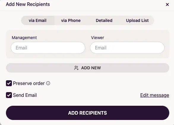 Add New Recipients form with a Viewer party