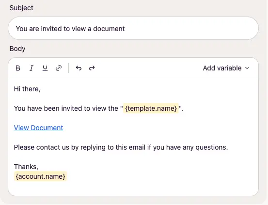 Subject and body of the view invitation email