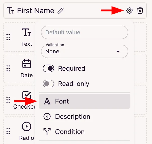 Customize text field font settings icon
