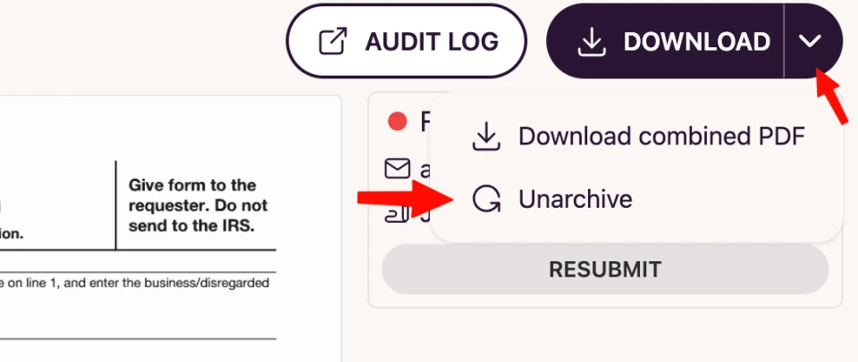 Submission unarchive from download dropdown
