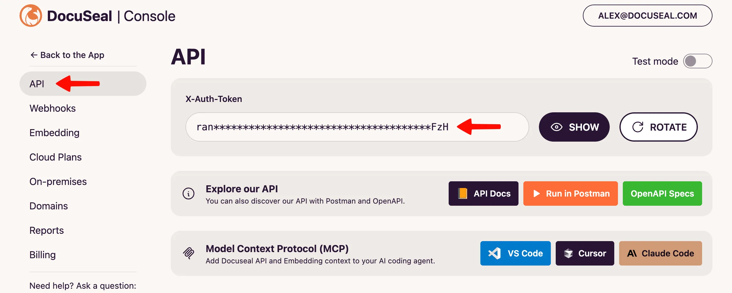 DocuSeal Console API section