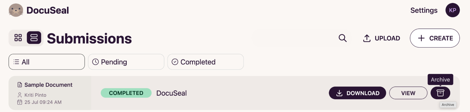 Submission archive button