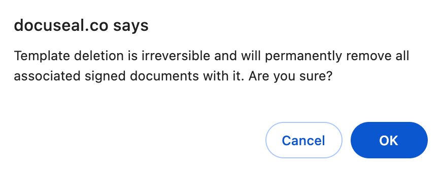 Template delete warning dialog