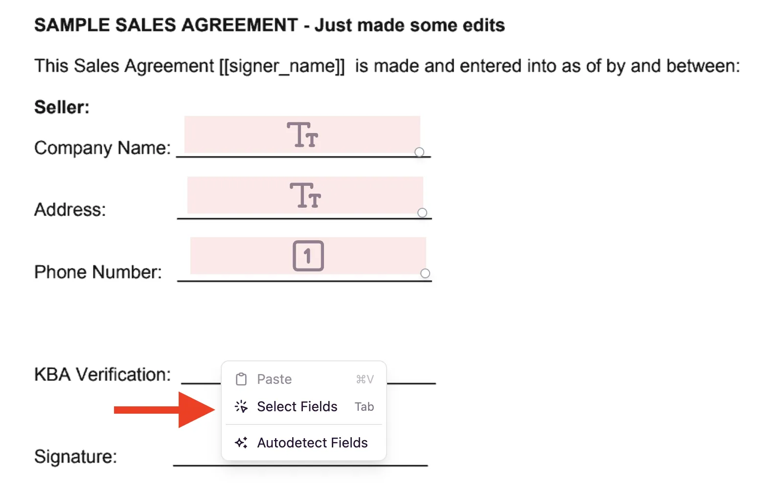 Area selection mode in the template editor