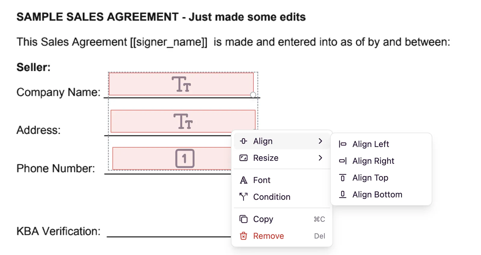 Bulk actions context menu for selected fields