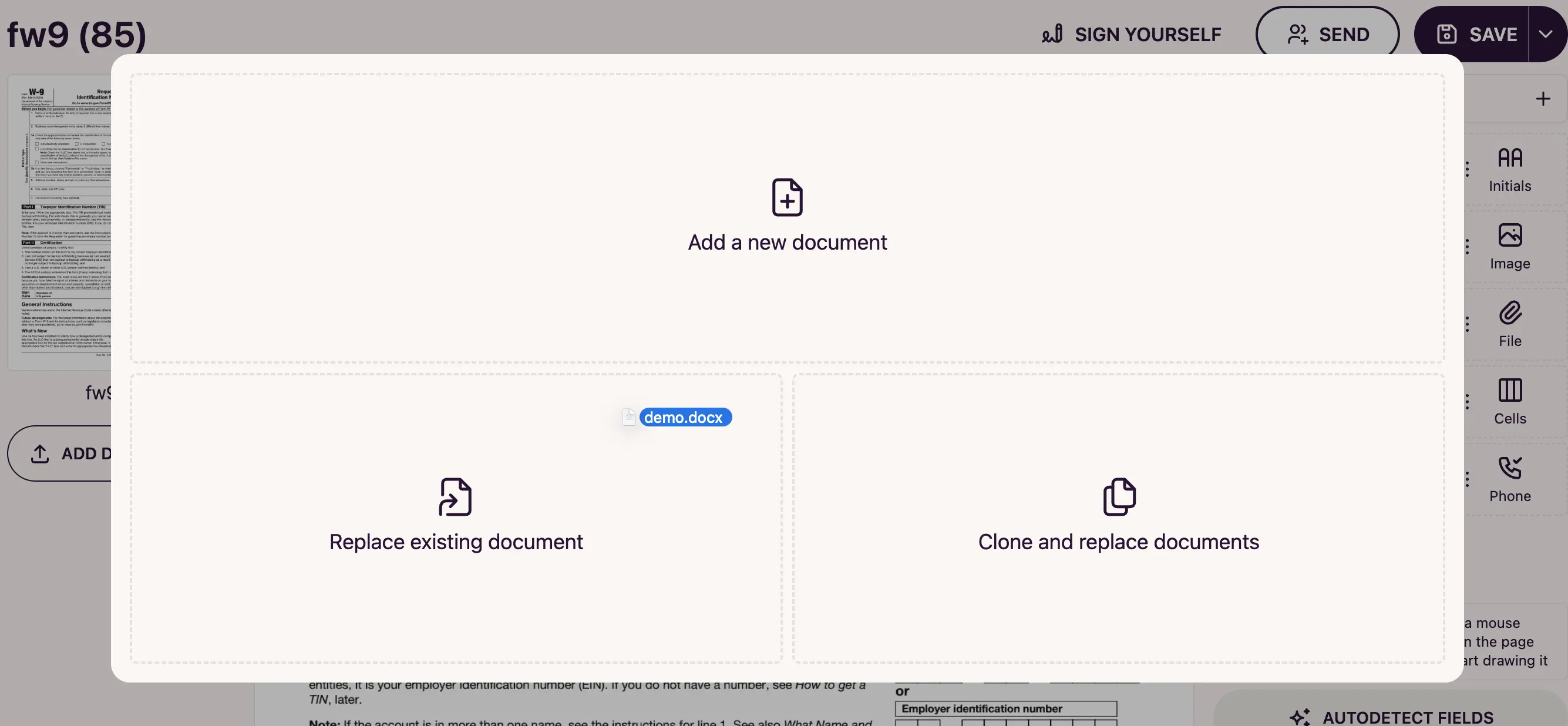 Documents section in DocuSeal template editor