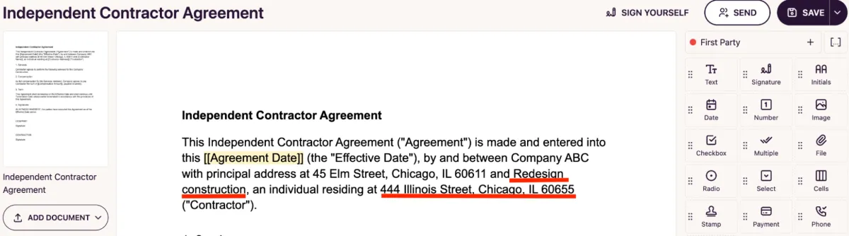 Editing fields in a dynamic DOCX document
