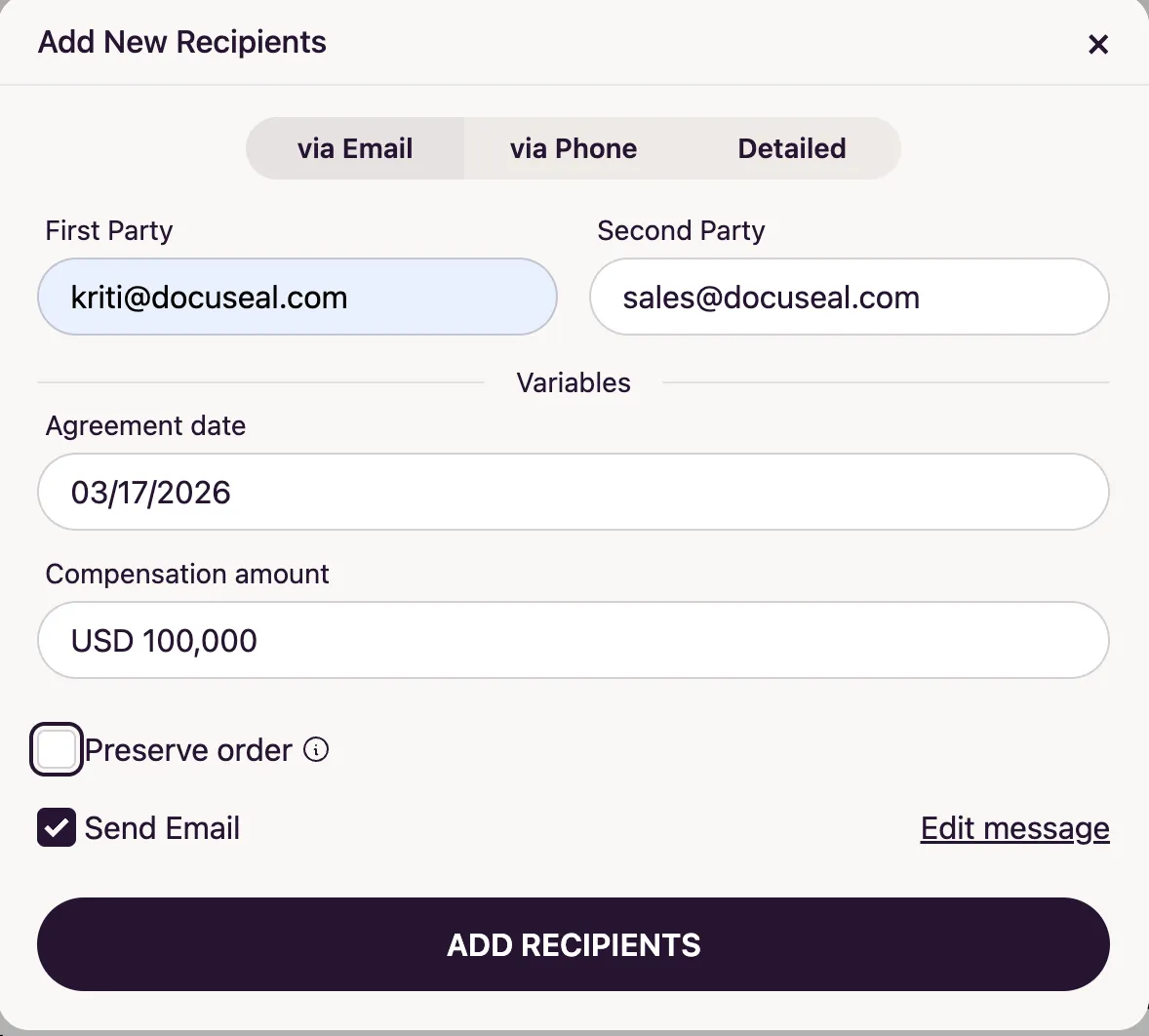 Filling in variable values when adding recipients