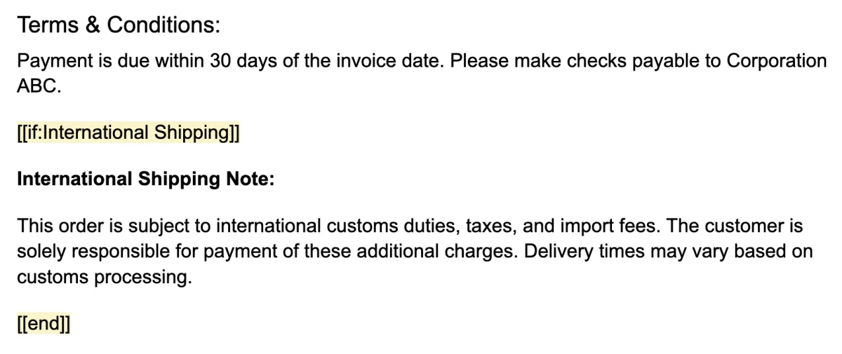 IF condition setup for International Shipping toggle