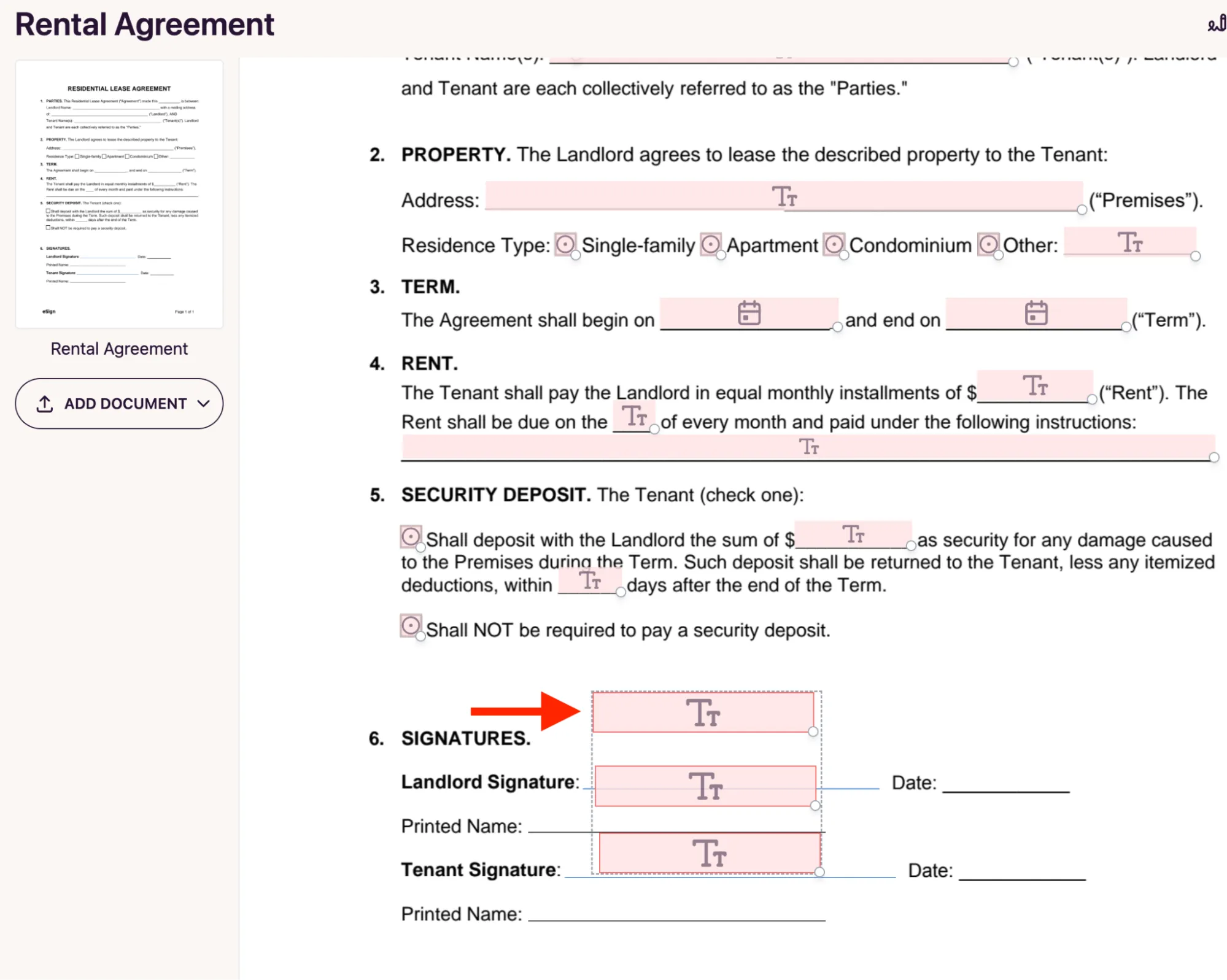 Fields pasted into rental agreement template