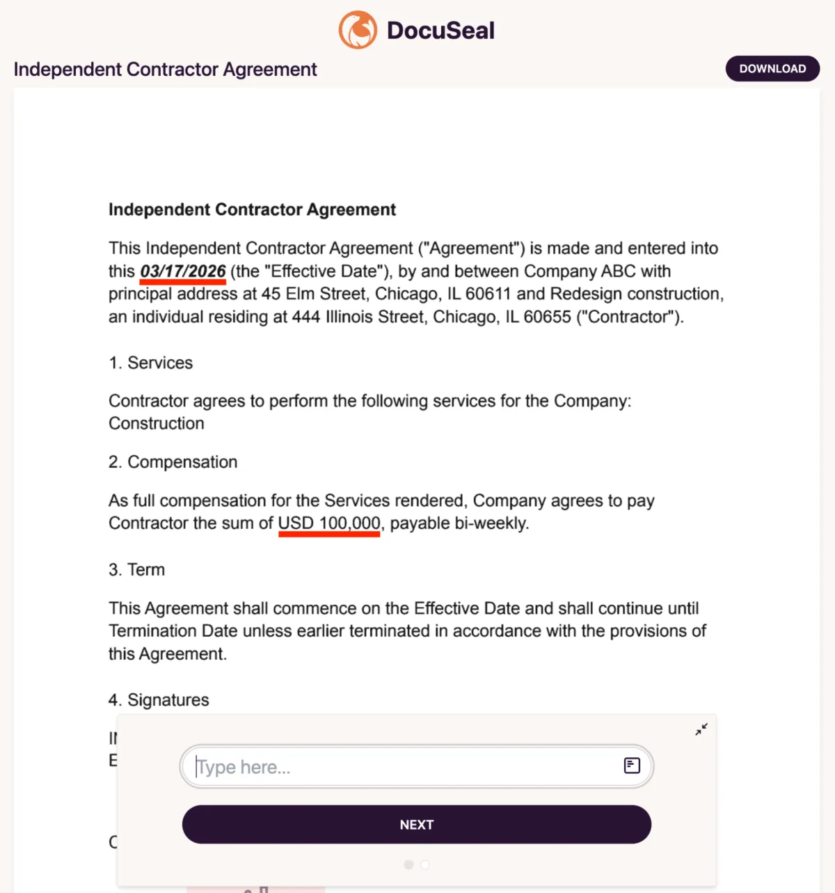 Signer view with filled variable values and preserved formatting