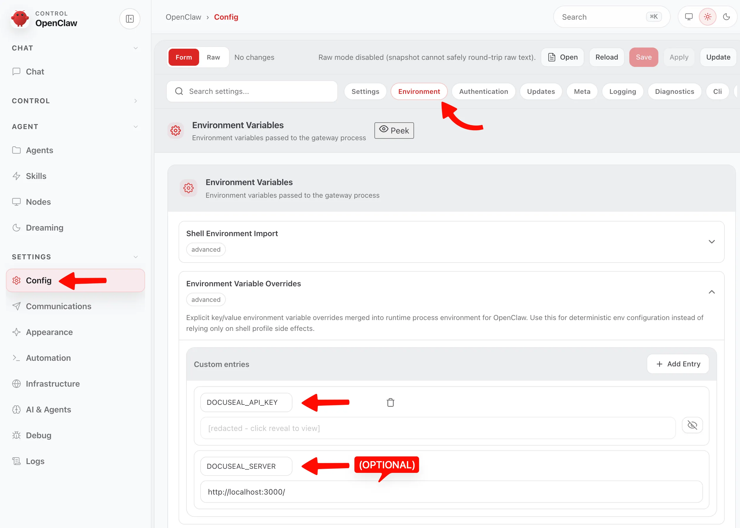OpenClaw Dashboard Config env variables