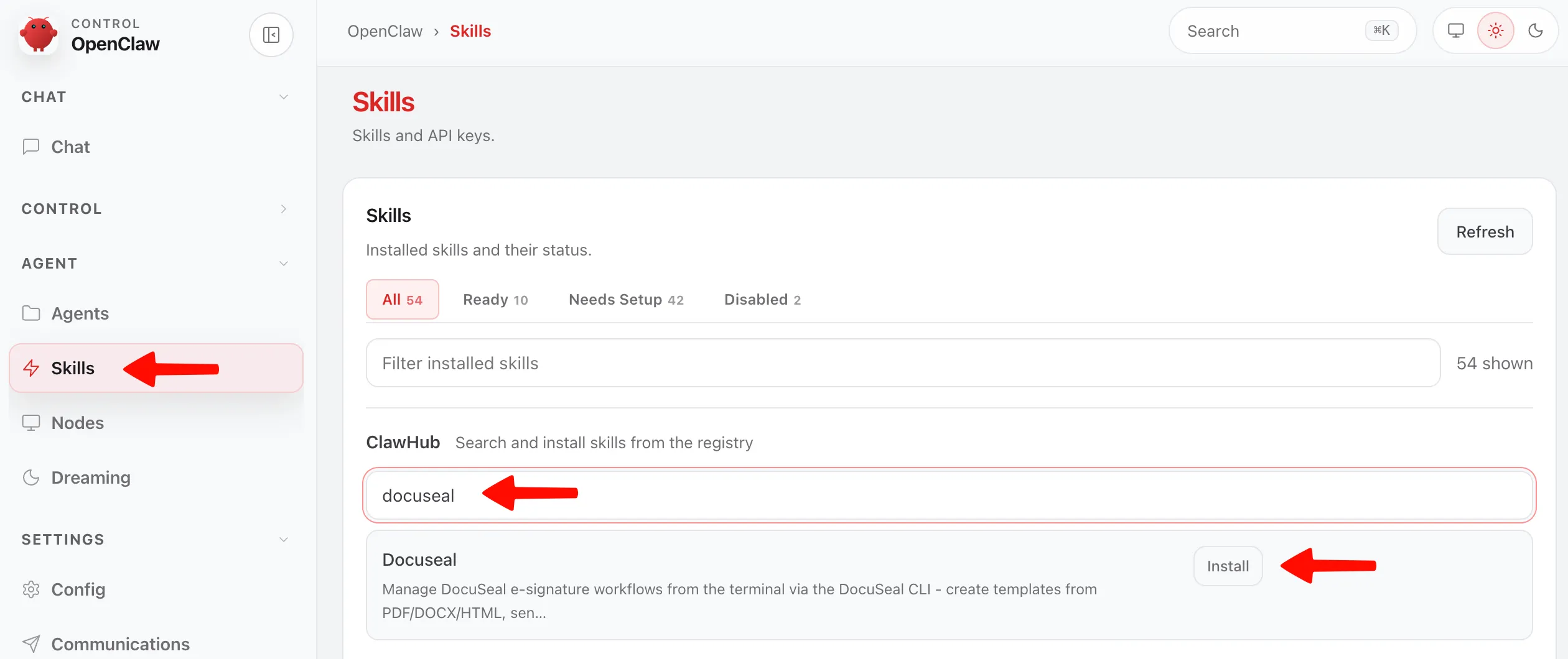 OpenClaw Dashboard Skills section with docuseal agent skills installed