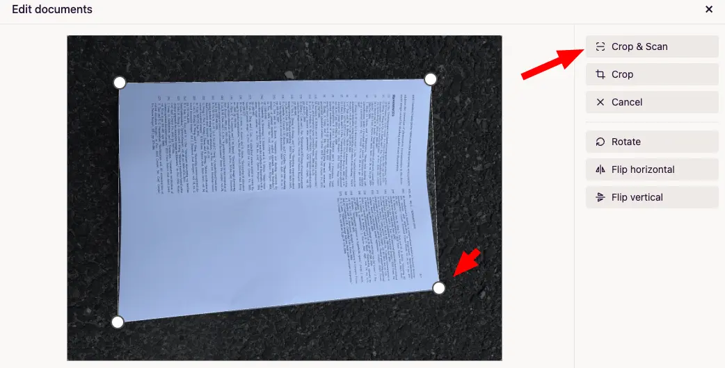 Adjusting page corners and clicking Crop & Scan