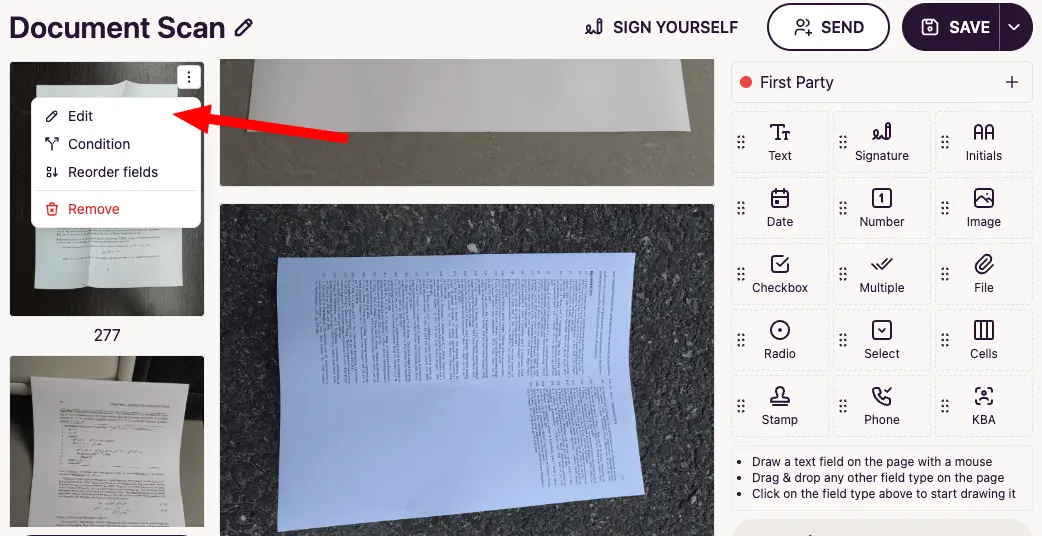 Edit option in the photo menu