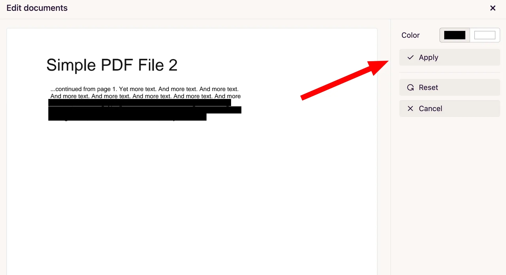 Choosing the redaction color and applying redactions to a document page