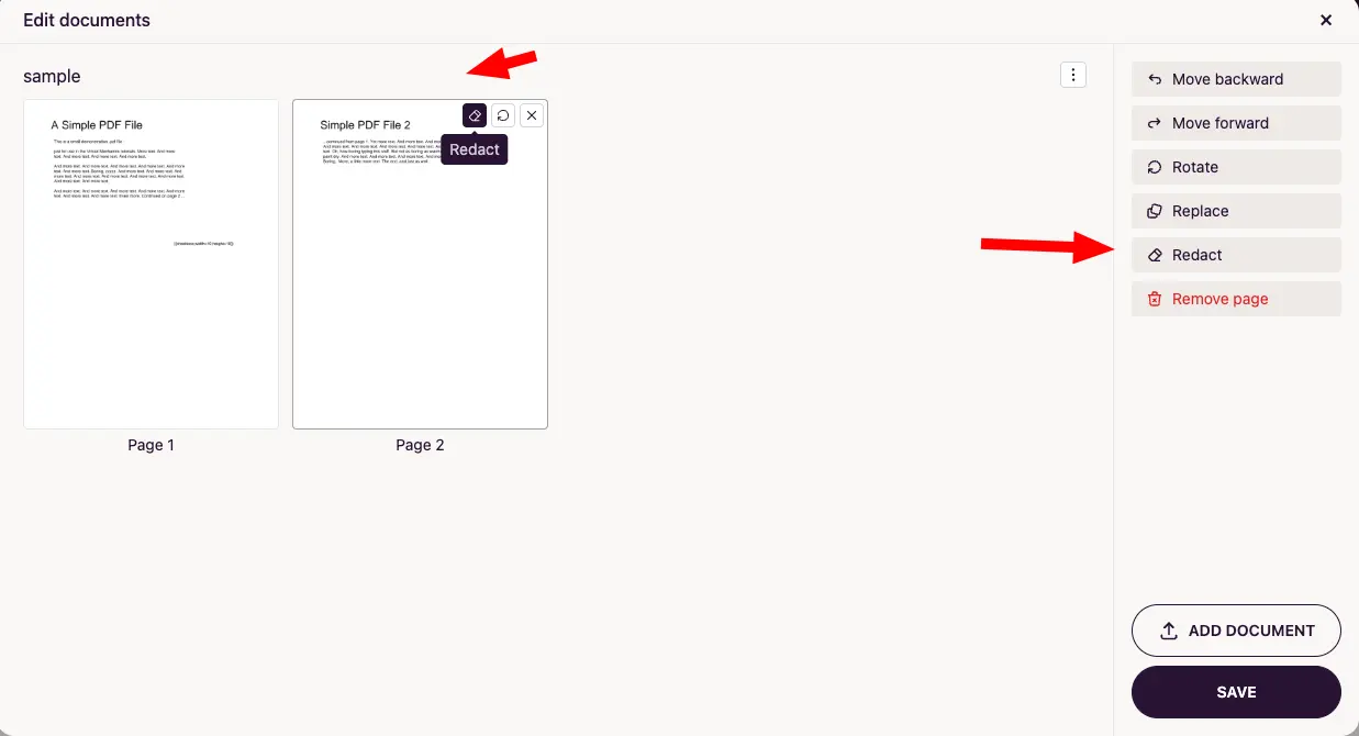 Redact button in the Edit documents view