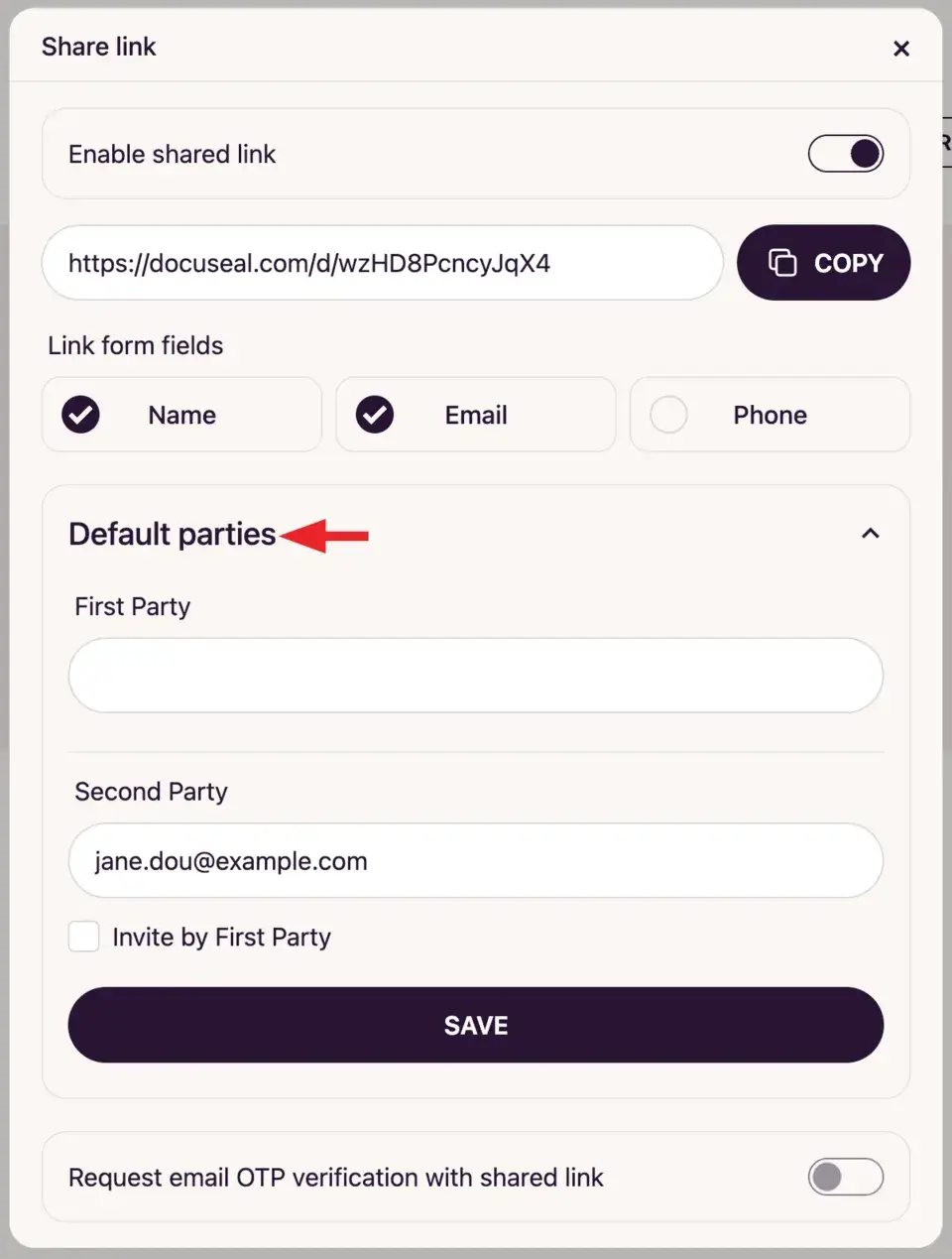 Share link default parties preferences