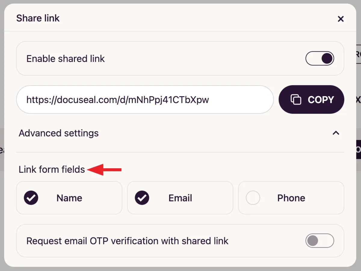 Share link form fields preferences