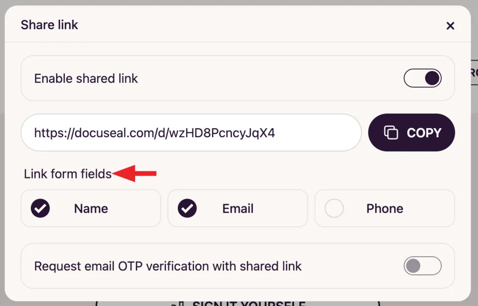 Share link form fields preferences