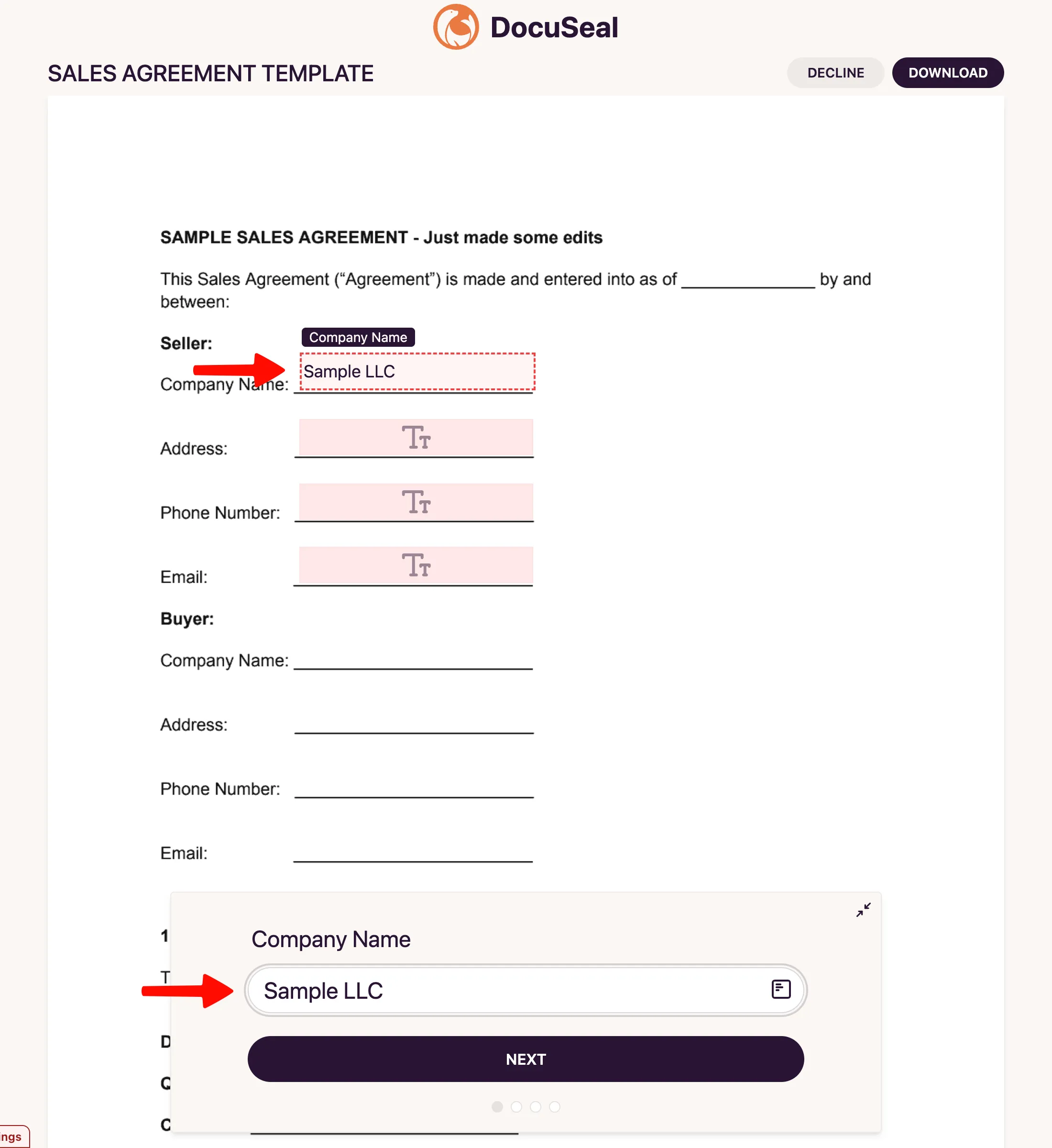 Editable pre-filled field in the signing form