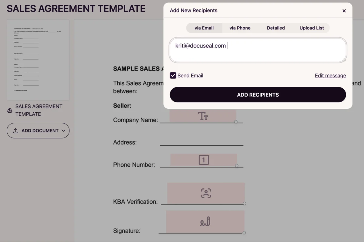Send signature request with KBA