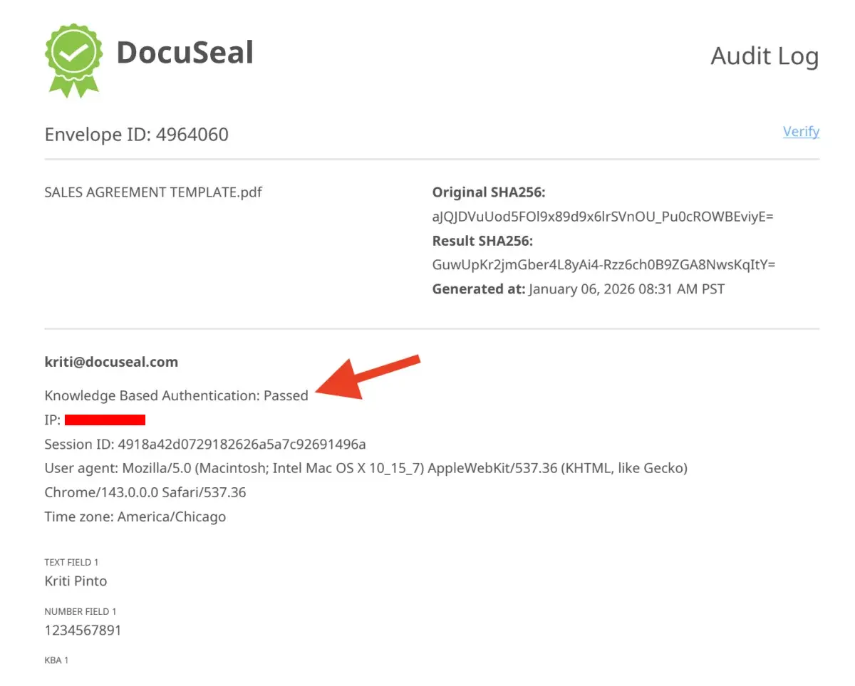 Audit log showing KBA verification